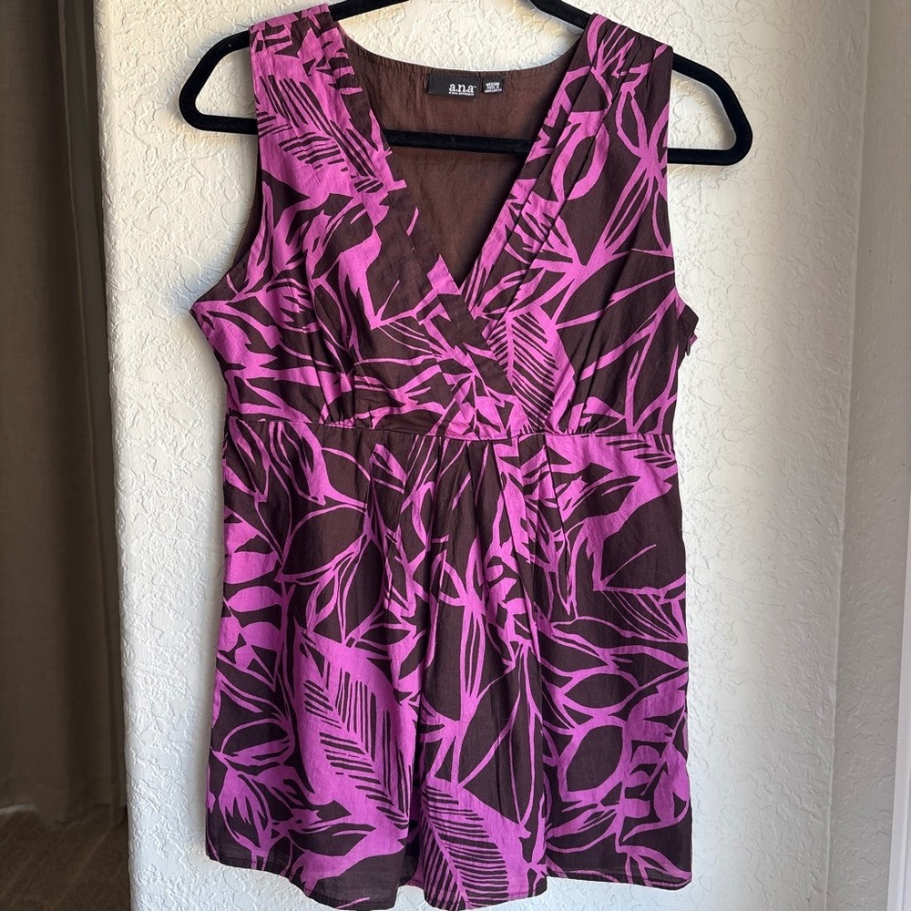 Women M Sleeveless Top Cotton Y2K Purple Brown Tropical Leaf Print Boho Floral